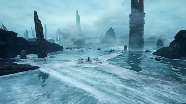 Stone towers rising from shallow water while a lone figure wades toward them