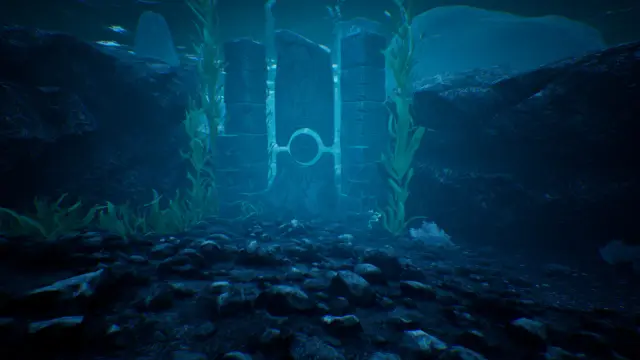 A sunken stone gate carved with a circle, surrounded by kelp underwater