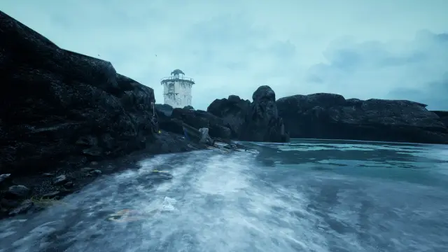 Surf rushing over black sand toward a distant lighthouse